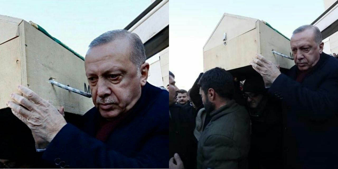 اردوغان زیر تابوت کشته‌شدگان زلزله ترکیه + عکس