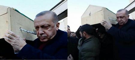 اردوغان زیر تابوت کشته‌شدگان زلزله ترکیه + عکس