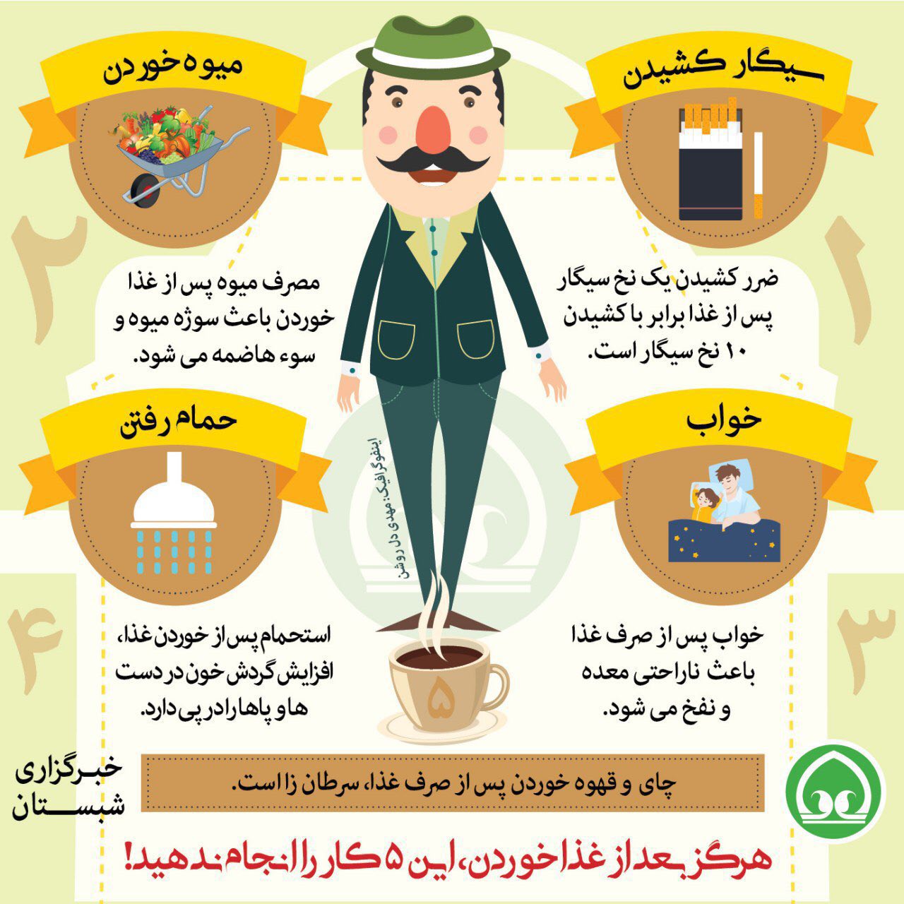 هرگز بعد از غذا خوردن، این 5 کار را  انجام ندهید! + اینفوگرافیک