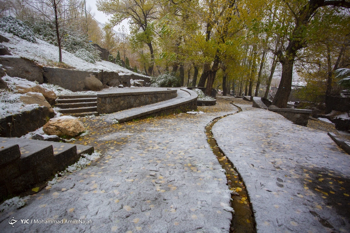 بارش نخستین برف پاییزی در همدان + عکس