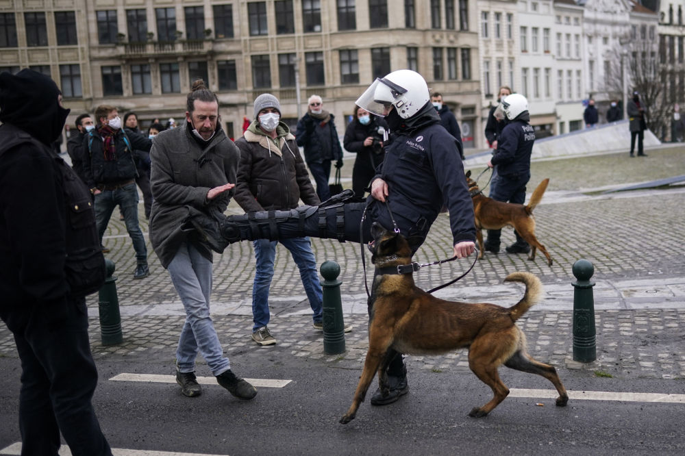 حمله پلیس بلژیک با لگد و سگ به معترض محدودیت‌های کرونا + عکس
