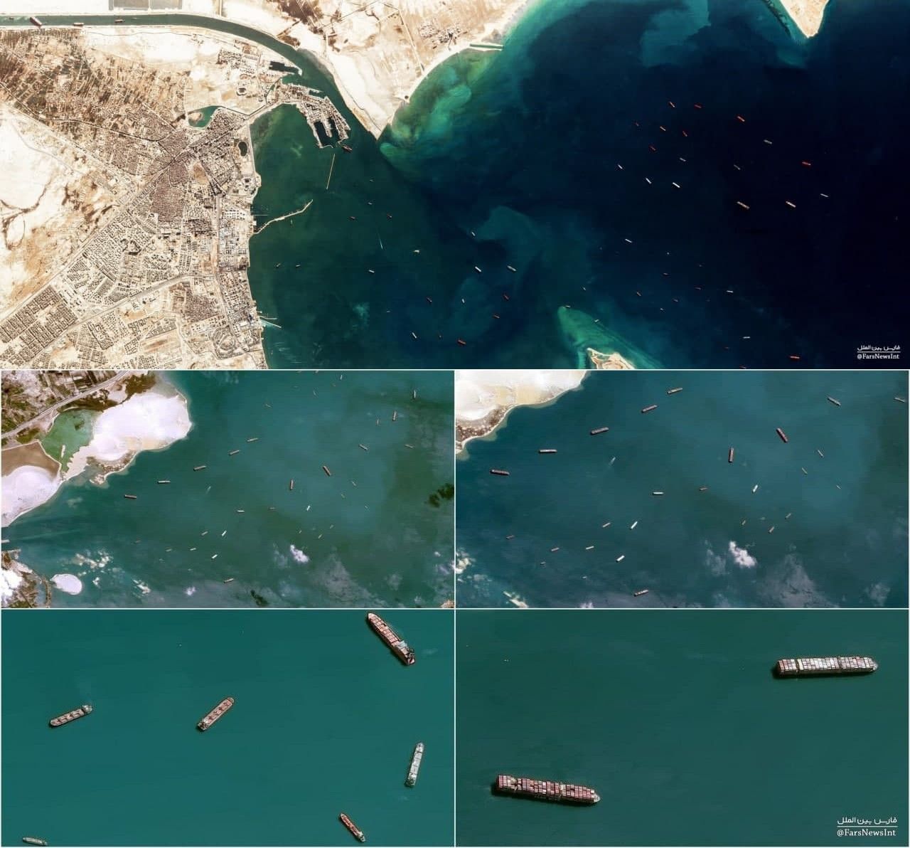 تصاویر ماهوار‌ه‌ای از تجمع کشتی‌ها در کانال سوئز + عکس
