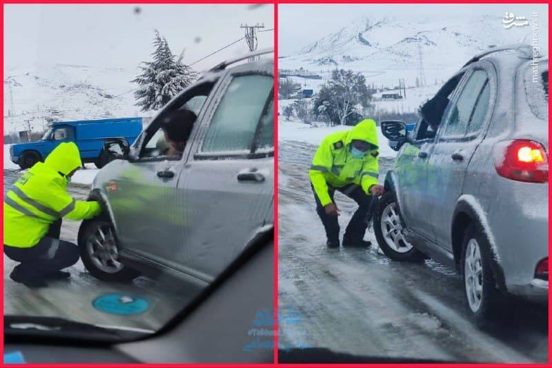 اقدام زیبای مامور ناجا در جاده برفی + عکس