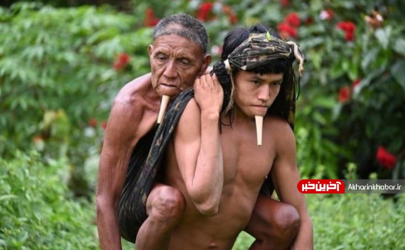به دوش گرفتن پدر توسط مرد جوان از بومی جنگل‌های آمازون + عکس