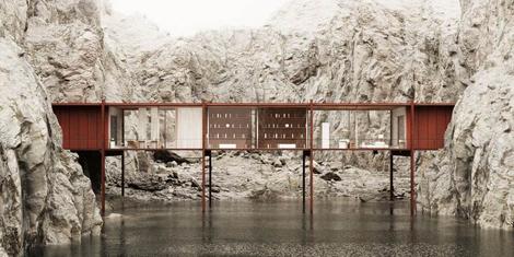 خانه ای شیشه ای با ستون های غوطه ور در آب که بر فراز دریاچه و در دل قله کوه بنا شده+ تصاویر