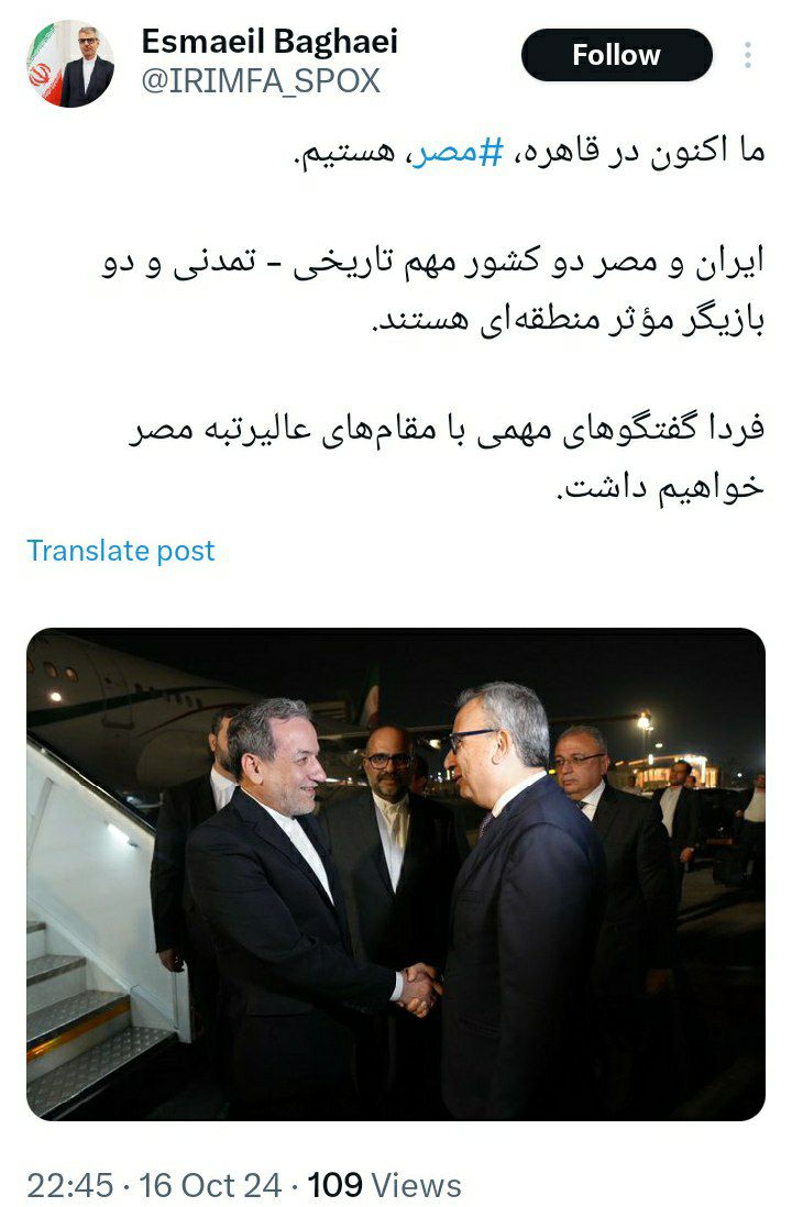 توییت بقایی پس از ورود وزیر امور خارجه به مصر+عکس