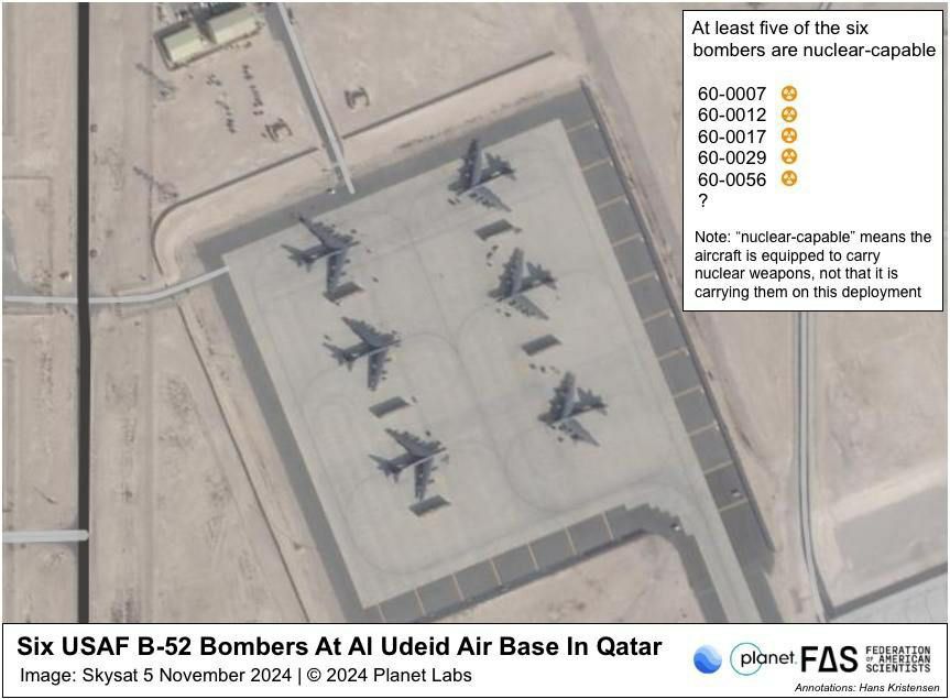 فرود ۶ فروند هواپیمای بمب افکن غول پیکر B-52 در پایگاه العدید قطر 