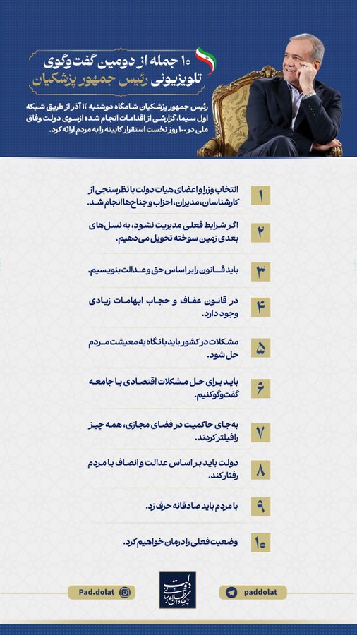 ۱۰ جمله مهم از دومین گفت‌وگوی تلویزیونی رئیس جمهور پزشکیان