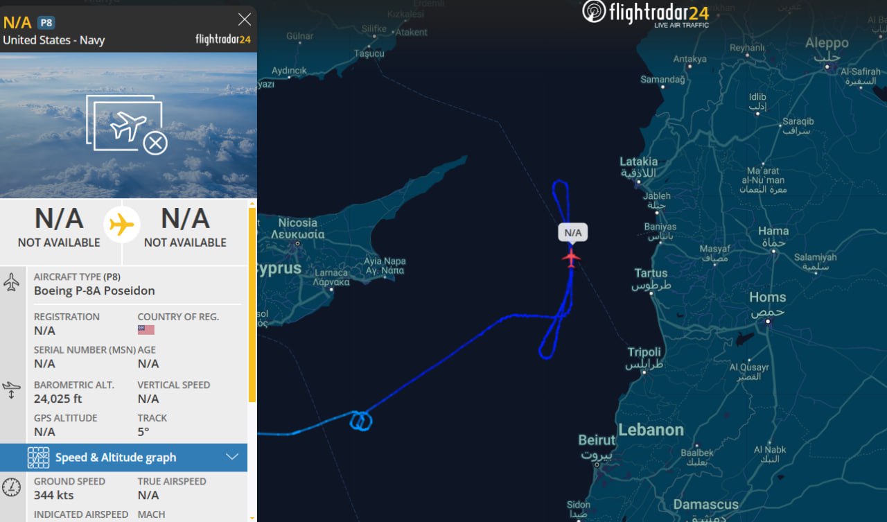پرواز هواپیمای Boeing P-8A Poseidon آمریکایی در غرب سوریه و لبنان
