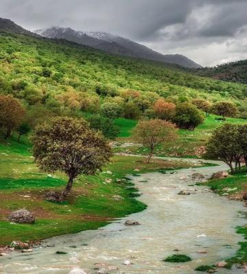 قابی خاص از لرستان زیبا همراه با کوه، آبشار و درخت‌ها