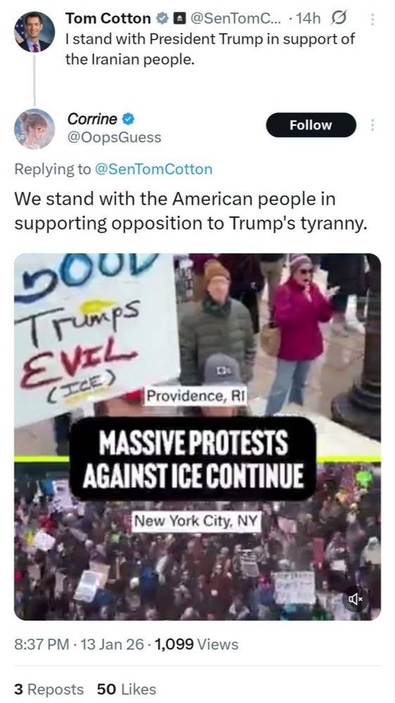 تصویر/ واکنش جالب کاربر آمریکایی به توئیت ضدایرانی سناتور آمریکایی