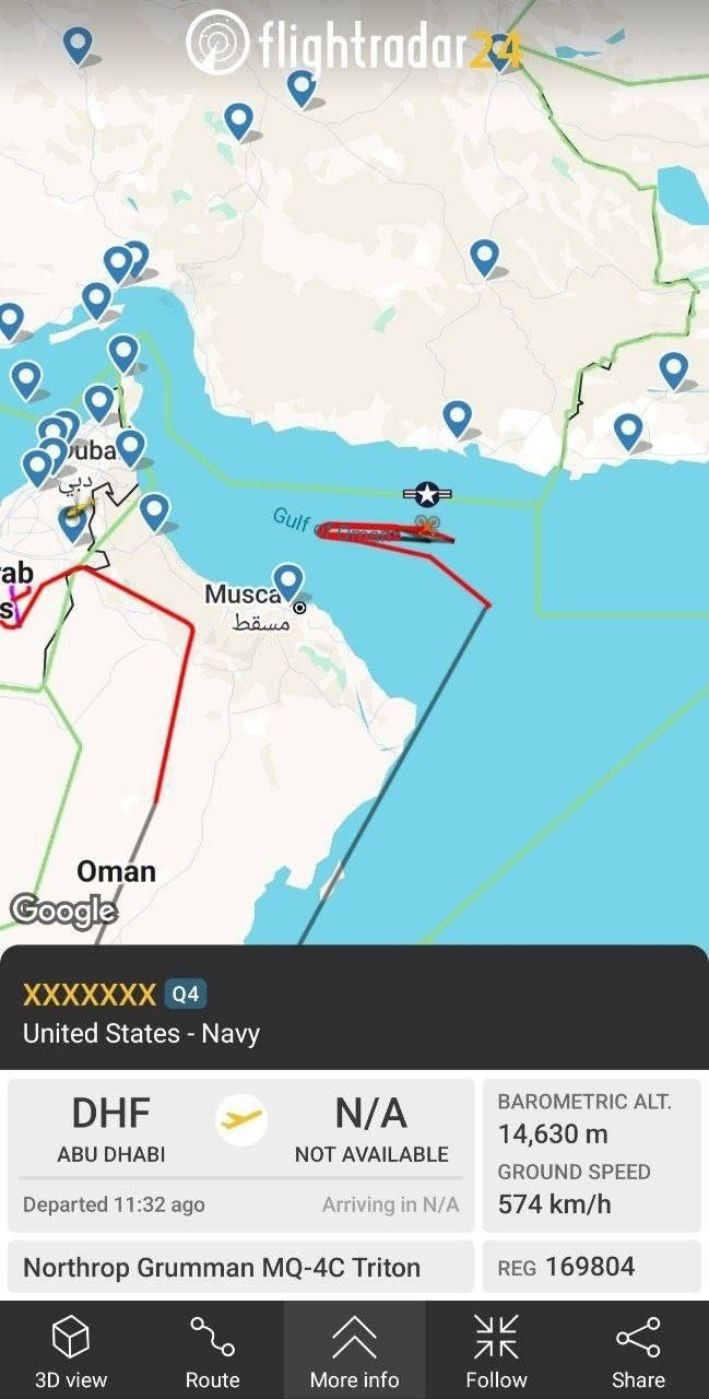 هم اکنون گشت زنی یک پهپاد آمریکایی در خلیج عمان