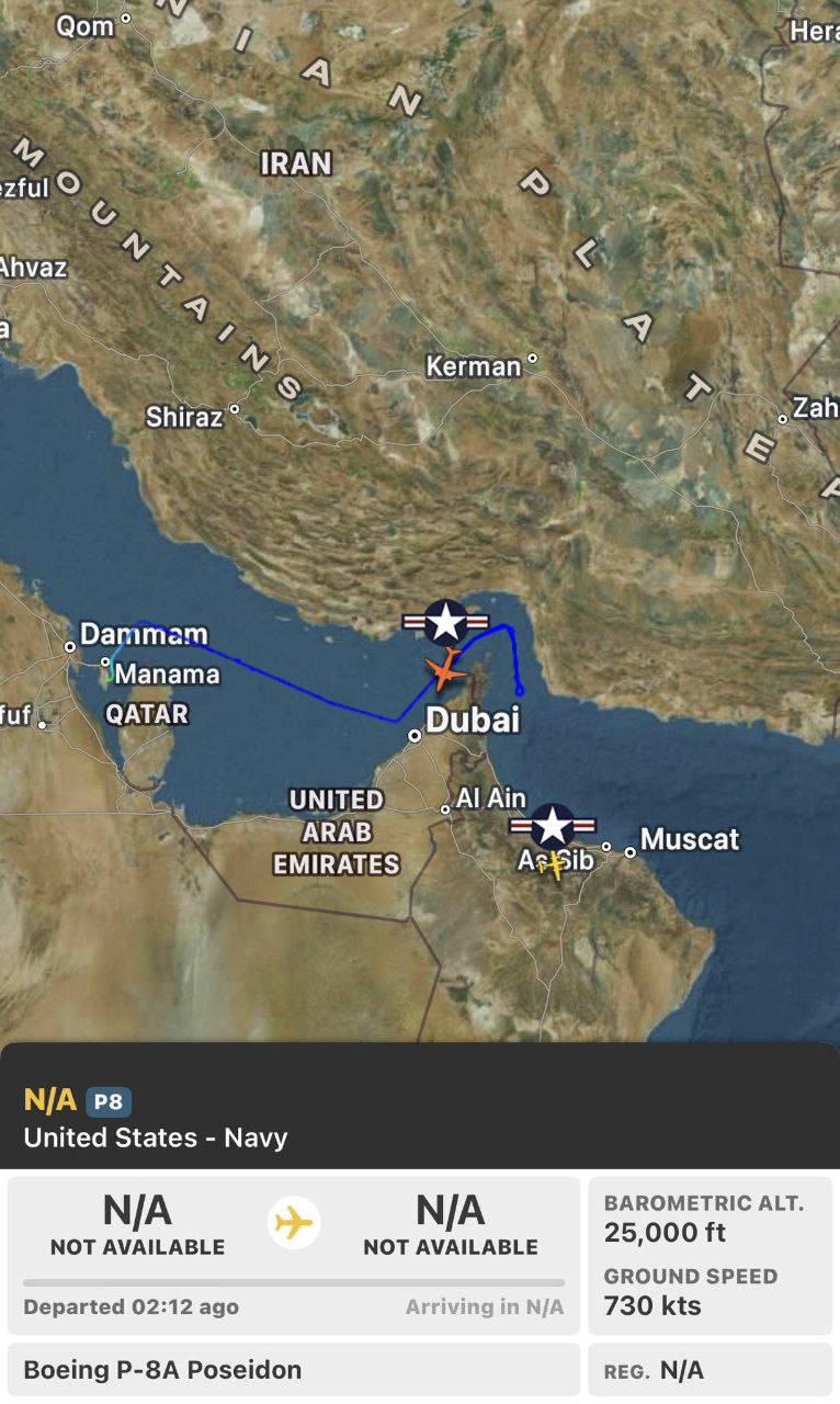  نظارت و جاسوسی هواپیمای P-8A پوزیدون بر ایران در فراز تنگهٔ هرمز