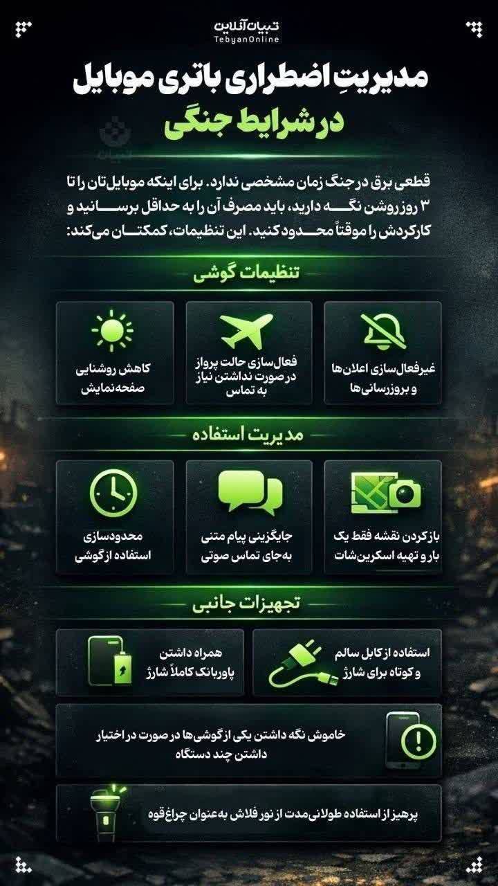 اینفوگرافیک/مدیریتِ اضطراری باتری موبایل در شرایط جنگی