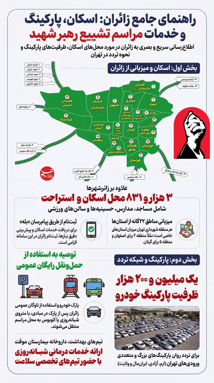 اینفوگرافیک/راهنمای جامع زائران؛ اسکان، پارکینگ و خدمات مراسم تشییع رهبر شهید