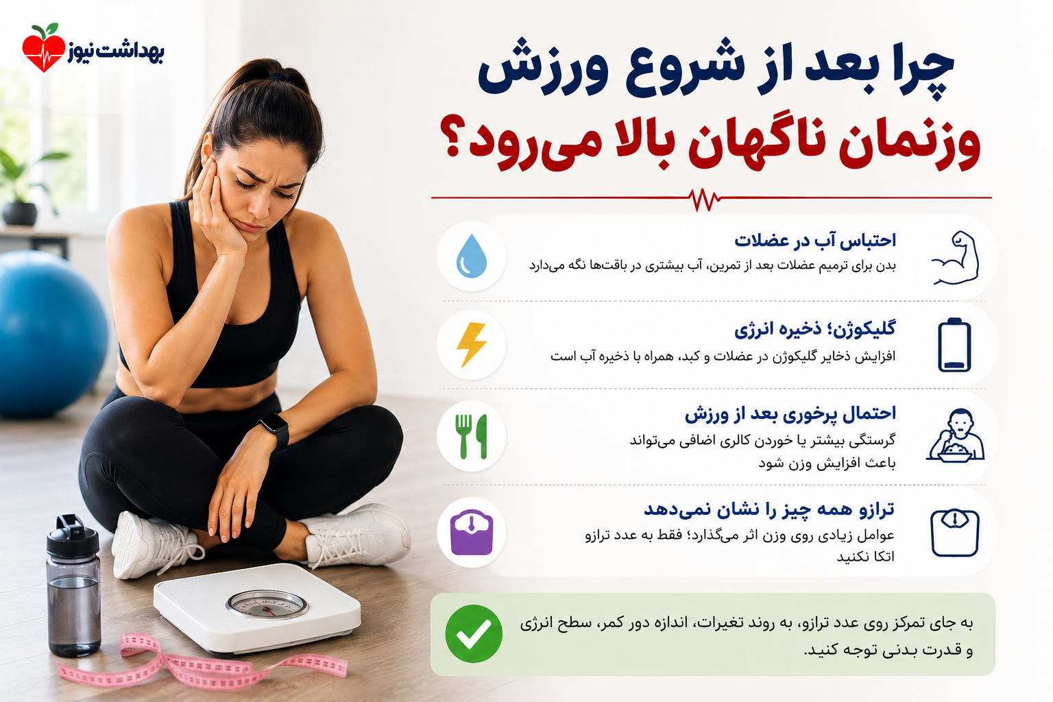 چرا بعد از شروع ورزش وزنمان ناگهان بالا می‌رود؟